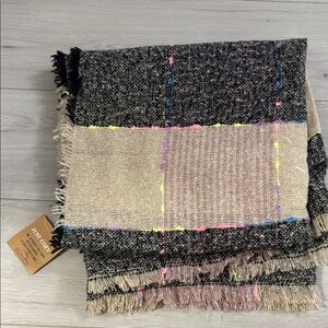 Beige and Black Plaid Fringed Wrap with Neon Stitching